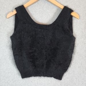 Vintage 80s ESPRIT Rabbit Fur Black Sleeveless Cropped Sweater Top Tank Womens